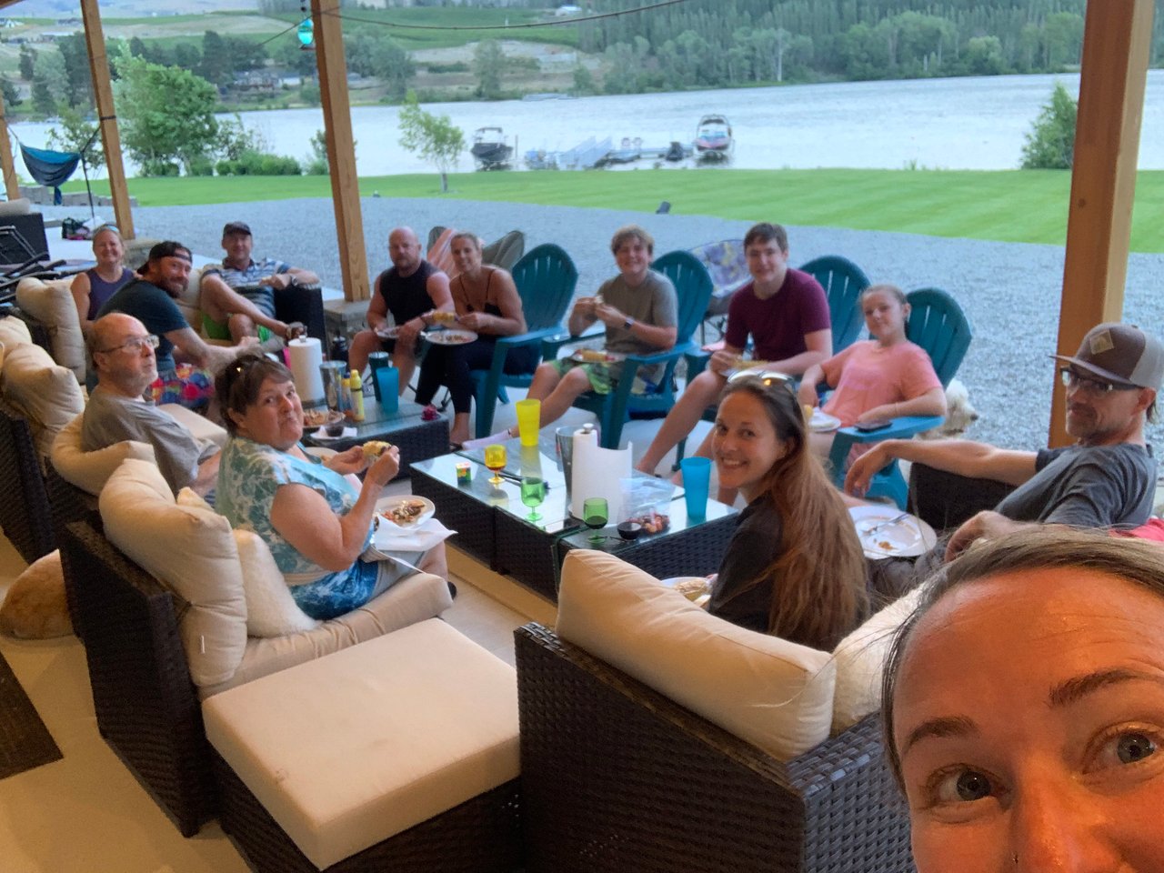 Multiple outdoor comfortable seating areas that can accommodate many. Lake side for the sunsets!