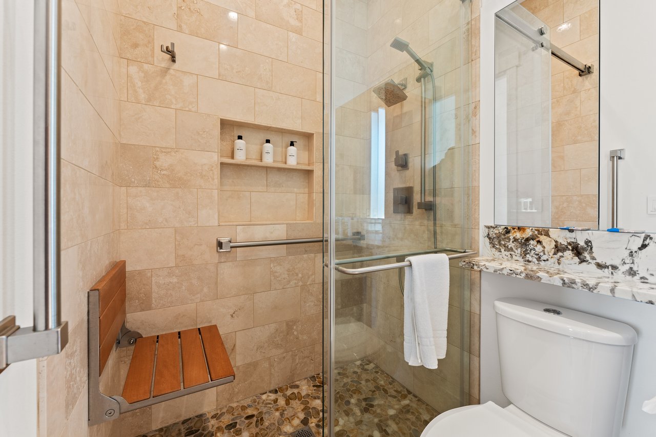 Ensuite Bathroom Walk-In Shower with Bench & Grab Bars.